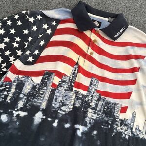 Tabasco Polo Shirt L Red White Blue American Flag Skyline 4th Of July AOP‎ VTG